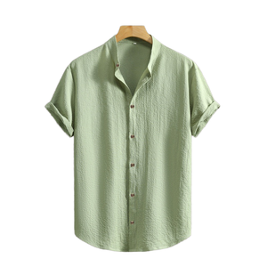 Camisa de Verano para Hombre, Nueva, de Algodón y Lino, de Manga Corta, Cierre de Botón, Color Sólido, Estilo Casual, Anti-Pilling, Tinte Liso - Product Image 1