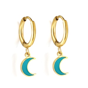 Elegantes Pendientes de Aro de Acero Inoxidable Impermeables con Baño de Oro de 18k, Diseño de Luna Azul, para Mujer - Product Image 1