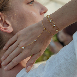 เครื่องประดับ J&D สร้อยข้อมือรูปใบโคลเวอร์สี่แฉกสองชั้น ชุบทอง 18K ประดับเพชรซิร์โคเนียสีขาว ทำจากสแตนเลสสตีล กันน้ำ สำหรับผู้หญิง - Product Image 4
