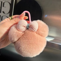 Porte-clés de voiture en peluche fait main, motif tête de Mickey avec nœud en fourrure de lapin Rex, mignon style dessin animé, pendentif pour sac, jouet, décoration, cadeau