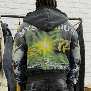 هودي فضفاض بسحاب وتصميم قوطي مخصص مع رسومات جماجم، ملابس الشارع ذات الطابع القديم، قطن مغسول بحواف خام وقصة واسعة - Product Image 2