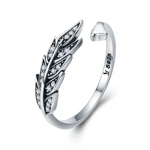 原创欧美流行S925纯银开口女士戒指锆石镶钻叶子戒指