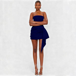 Robe bustier en velours bleu écologique avec logo personnalisé, taille naturelle, avec ceinture, minimaliste, sans manches, mini robe de soirée de luxe - Product Image 2