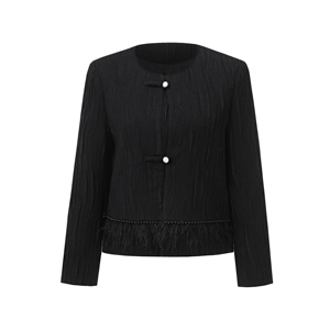 Giacca Corta Nera Traspirante in <span class=keywords><strong>Lana</strong></span> e Poliestere, Tessuto Stropicciato, Bottoni in Madreperla, Rifinitura in Piume, <span class=keywords><strong>Cappotto</strong></span> da <span class=keywords><strong>Donna</strong></span> - Product Image 1