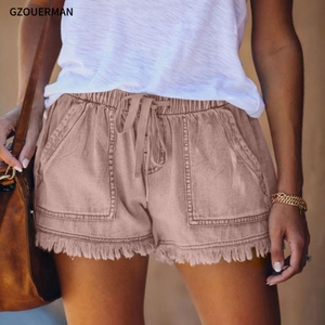 Pantalones Cortos <span class=keywords><strong>de</strong></span> Verano <span class=keywords><strong>2021</strong></span> para <span class=keywords><strong>Mujer</strong></span>, Cintura Elástica, Casuales, Ajustados, <span class=keywords><strong>de</strong></span> Color Sólido, con Bolsillos, Tipo Jeans, con Cordón - Product Image 4
