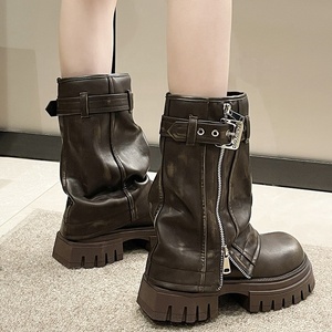 Bottes mi-mollet femme automne 2025 marron style rétro britannique western à enfiler avec fermeture éclair, talons plats épais en coton, semelle antidérapante en caoutchouc - Product Image 5