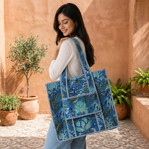 Blue Floral Quilted Cotton Tote Bag Shoulder <b>Handbag</b> <b>Large</b> Capacity Reusable Shopping Travel Bag for <b>Women</b> - Product Image 3