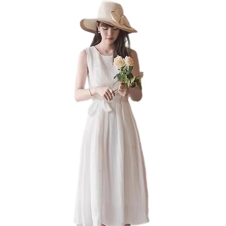 summer women's clothing lace Woman Chiffon white Sleeveless Lace Korean casual Elegant waist tie One-Piece Dress