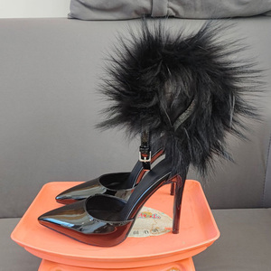 Sandales à talons hauts pour femmes, styles personnalisés, en cuir verni, avec fourrure au dos, talons aiguilles, chaussures habillées, taille 47, coupe large, escarpins à boucles de cheville - Product Image 6