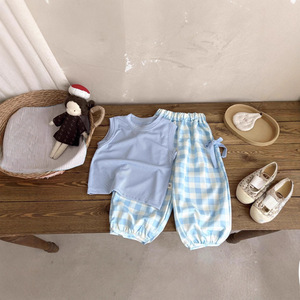 Ensemble deux pièces en coton pour filles, été 2025, nouveau gilet sans manches à carreaux élégant pour petites et jeunes filles, <span class=keywords><strong>tenue</strong></span> tendance - Product Image 2
