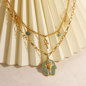 Collier CYNYA en acier inoxydable avec chaîne en bambou, style superposé, buste <span class=keywords><strong>de</strong></span> pharaon égyptien, <span class=keywords><strong>croix</strong></span> <span class=keywords><strong>Ankh</strong></span>, plaqué or 18 carats, unisexe - Product Image 2