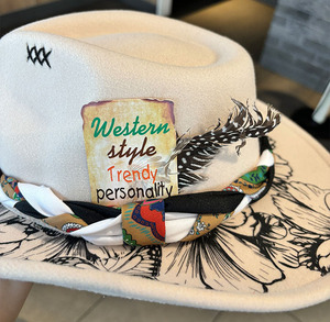 Chapeau de cow-boy occidental pour femme au design original, accessoires en plumes, chapeaux Fedora, chapeau de cow-boy en feutre de laine avec motif floral imprimé, fête - Product Image 5