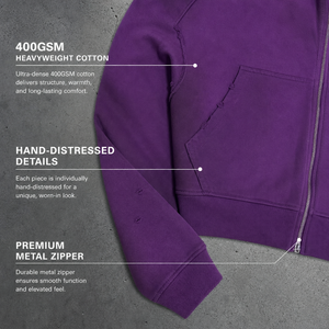 Sudaderas con capucha moradas extragrandes casuales para hombre con cremallera, estampado de letras personalizado, efecto desgastado, estilo streetwear - Product Image 5