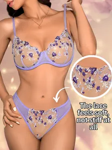 Hot 2 Piece Women'S Luxury Purple Floral Embroidery Revealing Lingeries Transparent Bra Brief Sets