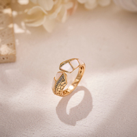 Anillo Abierto en Forma de Serpiente, Latón Chapado en Oro Rosa con Incrustaciones de Malaquita y Madreperla, Anillo Ajustable de Lujo para Mujer
