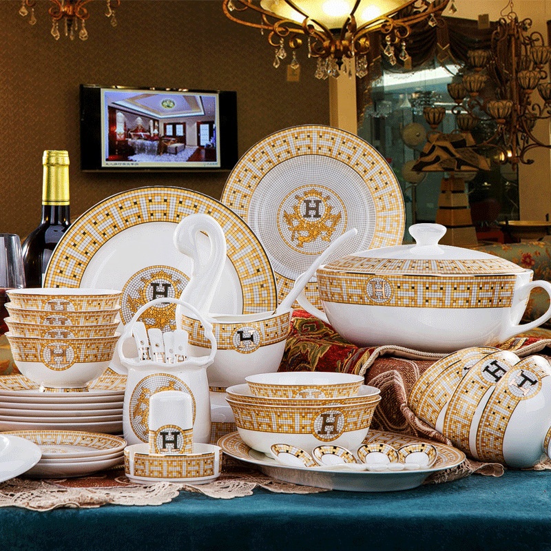 Jingdezhen Geschirr Set Golden Mosaic Bone China 60 Stück Geschirr Sets Dinner Set Party Papp teller Keramik Support