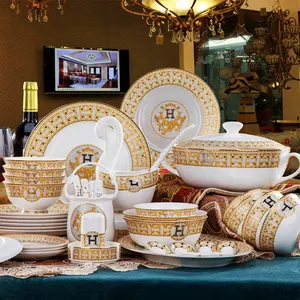 Jingdezhen Tableware Set Golden Mosaic Bone China 60 Pieces Dinnerware Sets Dinner Set Party Paper Plates Ceramic Support