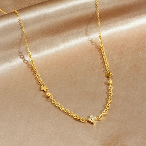 Gold Plated Jewelry <b>Set</b> Flower Design Necklace <b>Bracelet</b> Women's Everyday Wear Stainless Steel Chain With Diamond Inlay - Product Image 2