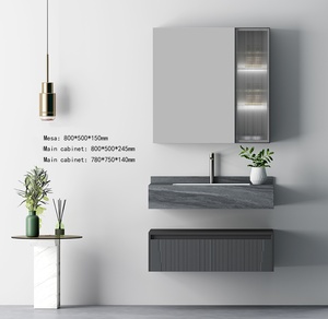 <span class=keywords><strong>Mobile</strong></span> <span class=keywords><strong>Bagno</strong></span> di Lusso Stile Hotel, Armadietto Scanalato Grigio Scuro con Specchio LED e Lavabo in Pietra per Hotel di Lusso - Product Image 1