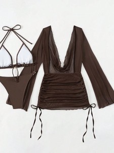 Ensemble bikini 3 pièces pour femme, maillot de bain triangle à dos nu, manches longues, décolleté en V profond, robe mini-paréo en maille avec cordon de serrage, vêtements de plage, vente en gros - Product Image 6