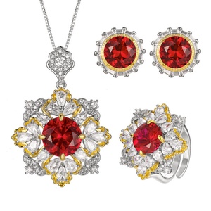 Fashion 12-10mm Red Cubic Zirconia Chinese Style Floral Necklace <b>Earrings</b> Ring 3Pcs <b>Set</b> Eco-friendly Copper Floral Jewelry <b>Set</b> - Product Image 1