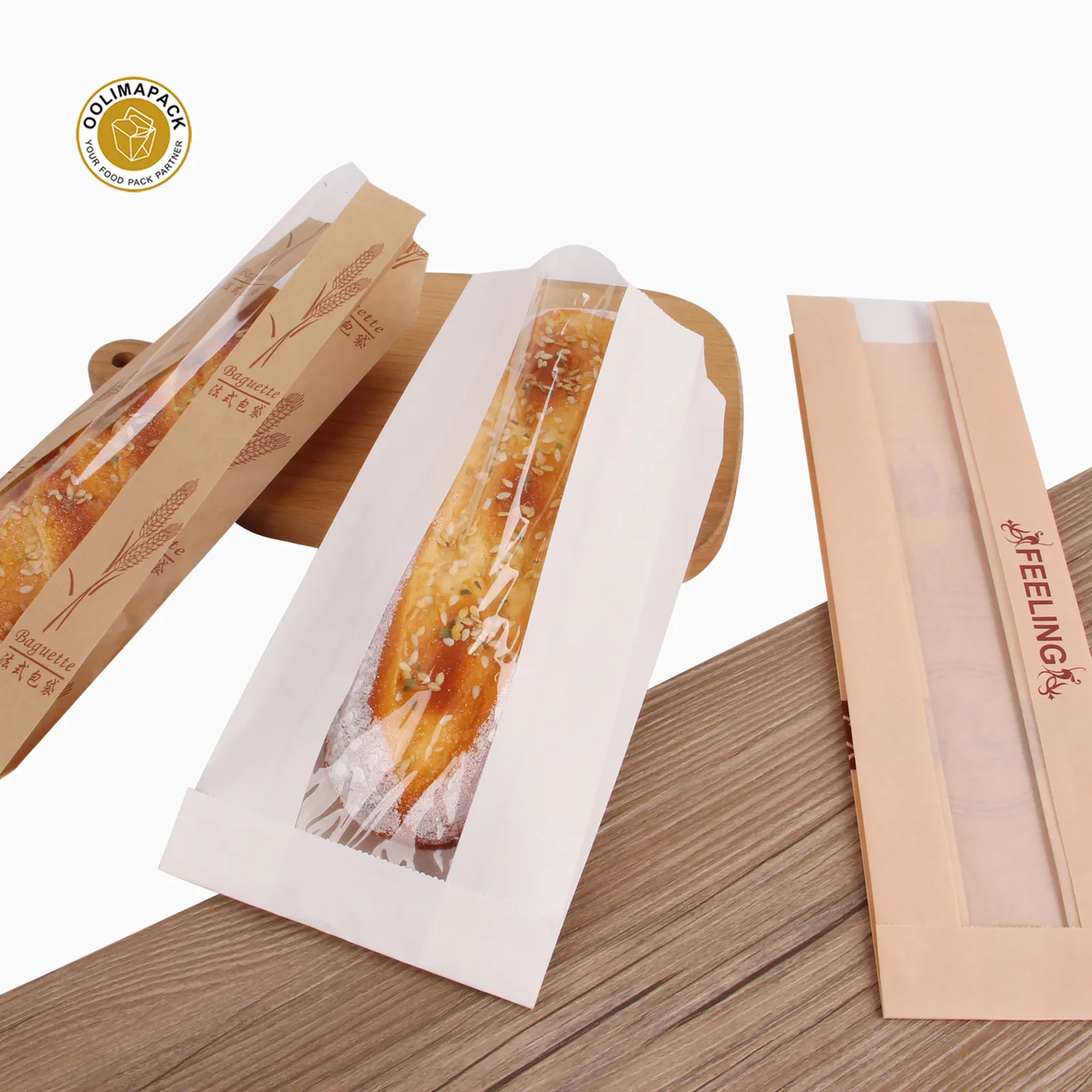 Formato personalizzato francese pan di carta kraft imballaggio lunga sacchetto di carta del pane con finestra per prodotti da forno del pane