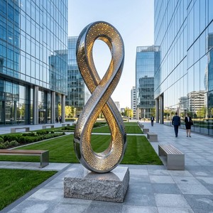 Escultura Infinita Moderna para Exteriores de 3m en Acero Inoxidable 316 con Iluminación LED Cálida para Plaza de Hotel de Lujo - Product Image 2