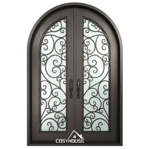 Porte extérieure double en <span class=keywords><strong>fer</strong></span> <span class=keywords><strong>forgé</strong></span> et verre de luxe avec dessus arqué pour entrée de villa - Product Image 3
