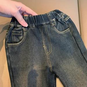 Tongxingyuan Girls Fleece <b>Lined</b> Flared Jeans Dark Blue Cotton Winter Baby Bottoms - Product Image 3
