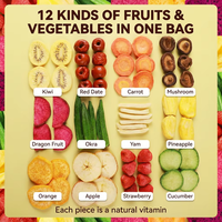 Assortiment natuurlijke gemengde zoete gedroogde groente- en fruitchips: okra, sperziebonen, champignons, banaan, bieten, pompoen. Gezonde snack, bulkverpakking.