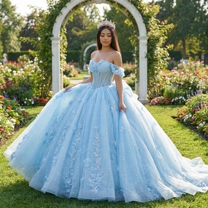 Vestido de Quinceañera Azul de Lujo Lsmc25, Vestido de Princesa con Lentejuelas Florales en 3D, Vestido de 16 Años con Cola Larga Jancember - Product Image 1