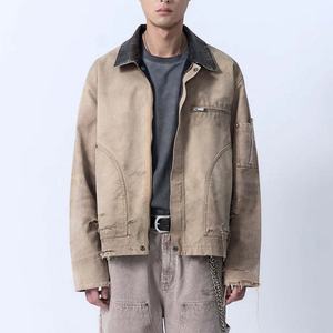 เสื้อแจ็คเก็ตผ้าแคนวาสวินเทจคุณภาพสูงสำหรับผู้ชาย ลุคสตรีทสไตล์ลำลอง ซิปหน้า คอตั้ง ลุคทำเก่า - Product Image 4