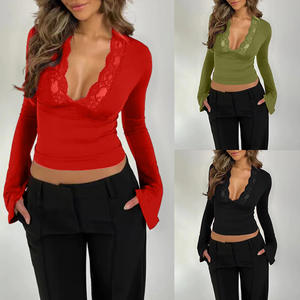 <span class=keywords><strong>เสื้อ</strong></span>เชิ้ตโพลีเอสเตอร์แขนยาวทรงเข้ารูป คอวี โชว์อก แต่งลูกไม้ สีพื้น เรียบหรู หวานซ่อนเปรี้ยว สำหรับฤดูร้อน - Product Image 2