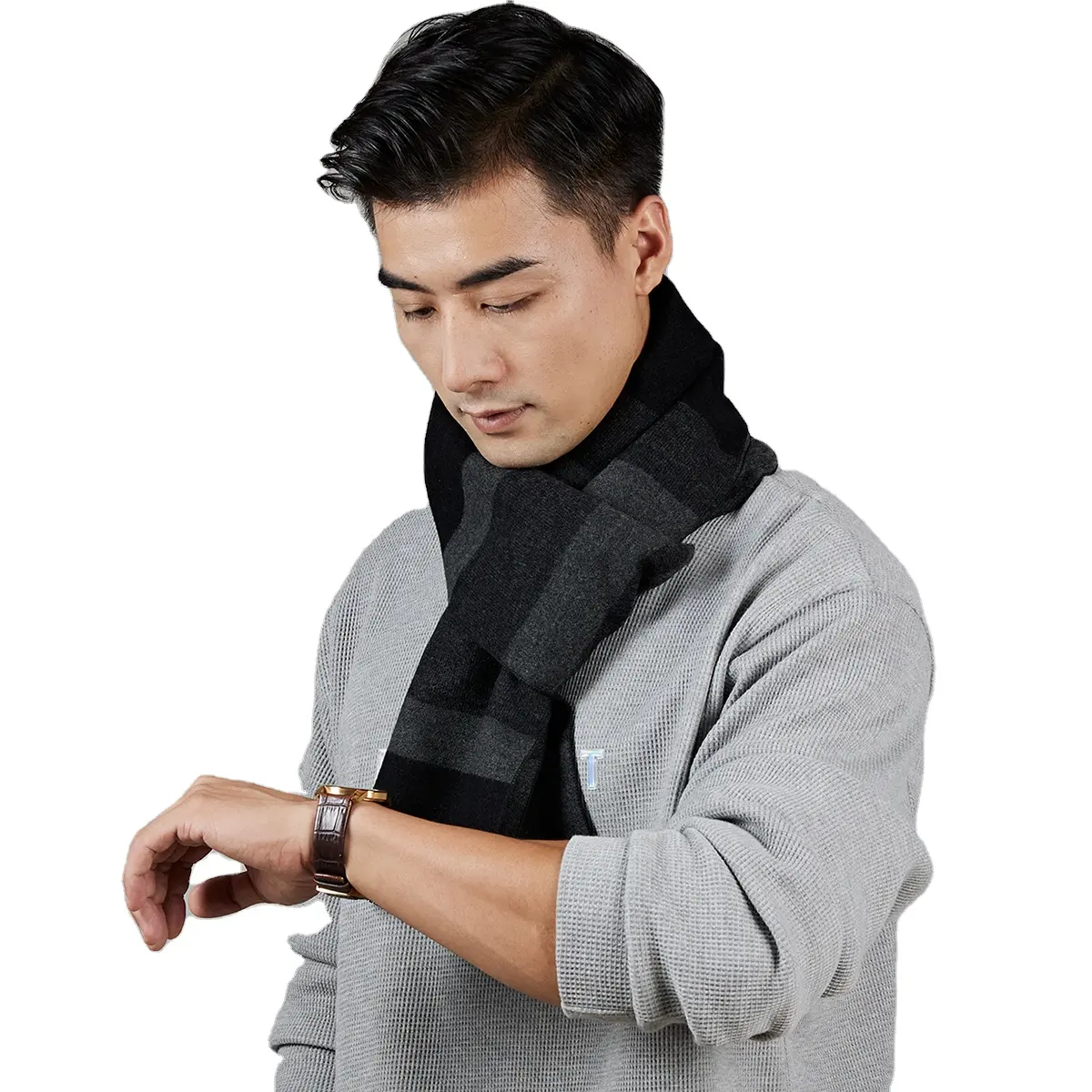 Écharpe d'hiver pour hommes vente en gros Écharpe à carreaux noire en mélange de laine grise à carreaux Écharpe d'hiver chaude pour gentleman en plein air