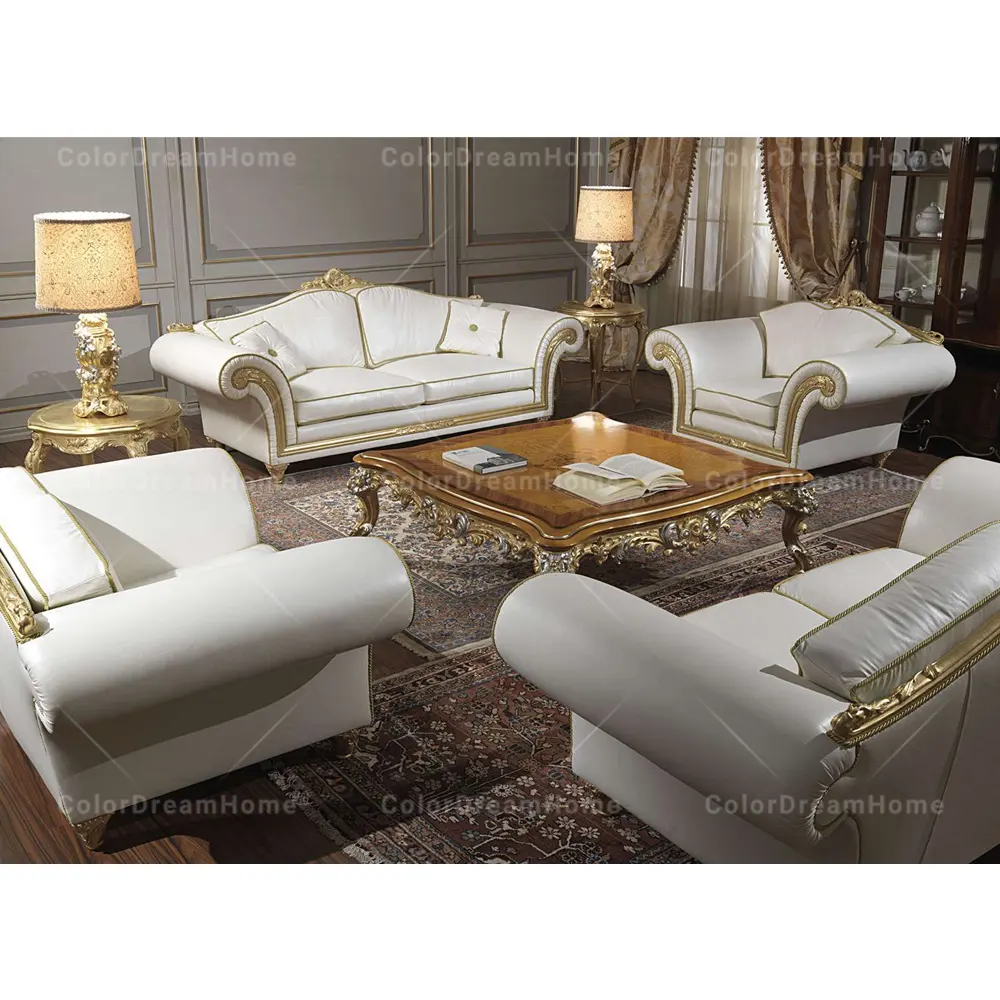 Thiết kế mới cổ vàng Khung sofa cổ điển Ý sang trọng màu trắng chính hãng sofa da Bộ