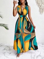 Nouvelle Robe Longue d'Été en Mousseline Sans Manches à Col en V Profond Imprimé Floral, Impression Numérique, Tendance Décontractée, Grande Taille, Coupe Trapèze pour Femmes