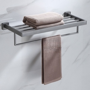 Ensemble d'accessoires de salle de bain à fixation murale en acier inoxydable finition brossée, porte-serviettes, étagère, porte-brosse WC, porte-savon, panier d'angle, minimaliste - Product Image 2