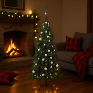 Sapin de Noël artificiel pré-éclairé de 70,9 pouces avec un ensemble de boules, des cônes de pin et des lumières LED blanc chaud, décorations d'intérieur - Product Image 2