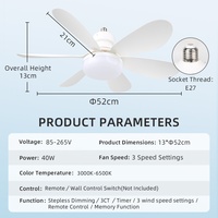 Ventilateur de plafond LED 40W E27 2-en-1 avec télécommande, 3 températures de couleur, dimmable, pales détachables, silencieux, débit d'air élevé, lampe sans fil pour chambre à coucher