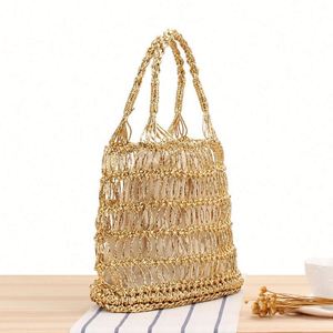 Bolso de mano de paja para mujer, diseño hueco con hilo dorado y plateado, trenzado a mano, para verano, moda, vacaciones, playa, 2024 - Product Image 3