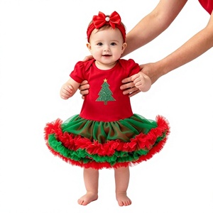 Set di 2 Pezzi per Bambine, Vestito Natalizio da Festa, Abito Principessa in Rete Rosso e Verde con Testa di Babbo Natale per Neonata - Product Image 1