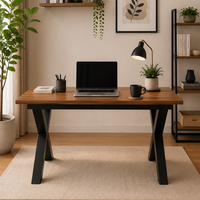 Table à manger extensible en MDF avec plateau central rabattable, pieds en fer noir thermolaqué en forme de X, finition grain de bois