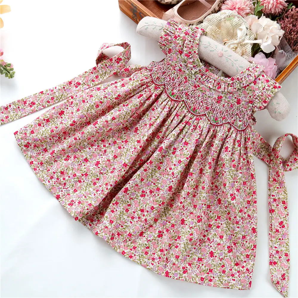 C114 roupa infantil fumada, vestido para meninas floral artesanal com babados, vestidos infantis de flores, buchas, roupas de bebê