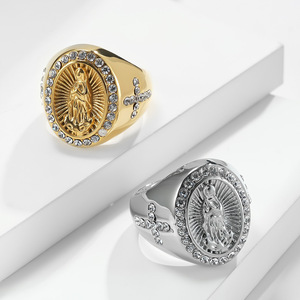 Anillo de acero inoxidable con incrustaciones de diamantes y cruz de la Virgen María, estilo único, chapado en oro, diseño exclusivo, asequible. - Product Image 3
