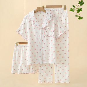 Crêpe Broek Fabriek Direct Puur Katoenen Zachte Revers Pyjama Fabrikant Bedrukte Pyjama Driedelige Set Groothandel - Product Image 6