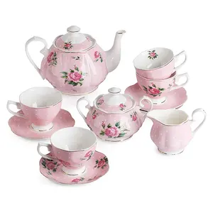 Floral gold pattern banquet fine bone china 17 pieces coffee tea set for cups and saucers set pink color shining golden line set