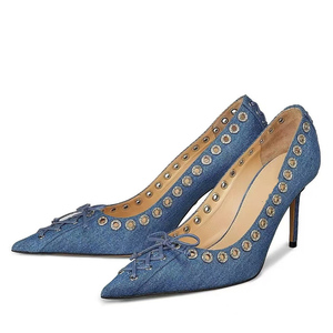 <b>Big</b> Size 45 Women Dress High Heels Shoes Chic Denim Stiletto Front Lace up <b>Bow</b> Pumps Pointy Toe Jeans Metal Holes Decor Shoes - Product Image 2