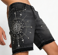 MOUNTNEVE 2026 Techwear Shorts de Mezclilla con Pedrería para Hombre, Lavado Ácido, Desgastados, con Tachuelas, Estilo Hip Hop, Streetwear, 100% Algodón Pesado