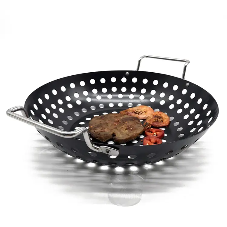 Non-stick Iron Ronde Bbq Wok Met Gaten Ijzeren Plaat Bbq Grill Mand Koken