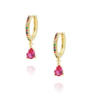 Hip Hop Crystal Diamond Geometric Stud Gold Filled Hoop Earrings Statement Ruby Pendant Zircon Earrings Women Jewelry